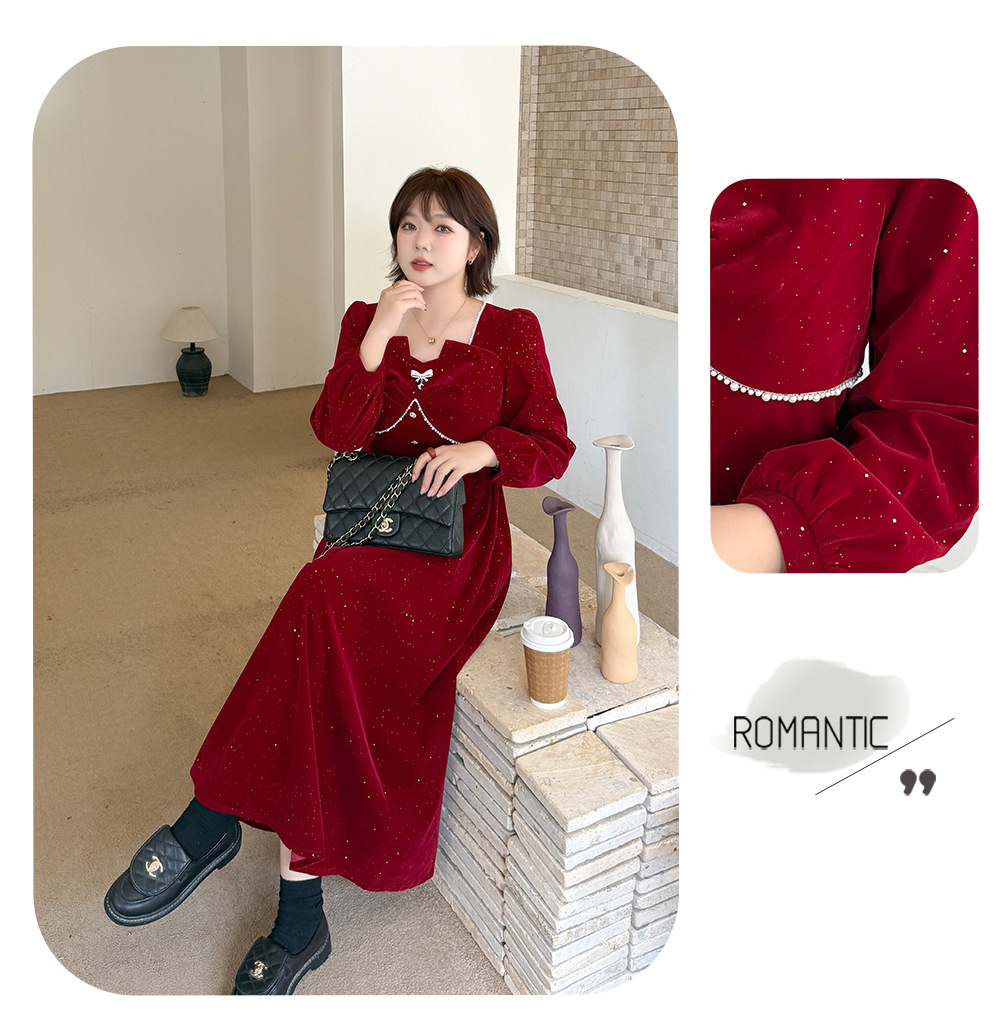 大きいサイズ レディース スクエアネックリボンビーズスパンコールベルベットワンピース LL 3L 4L 5L