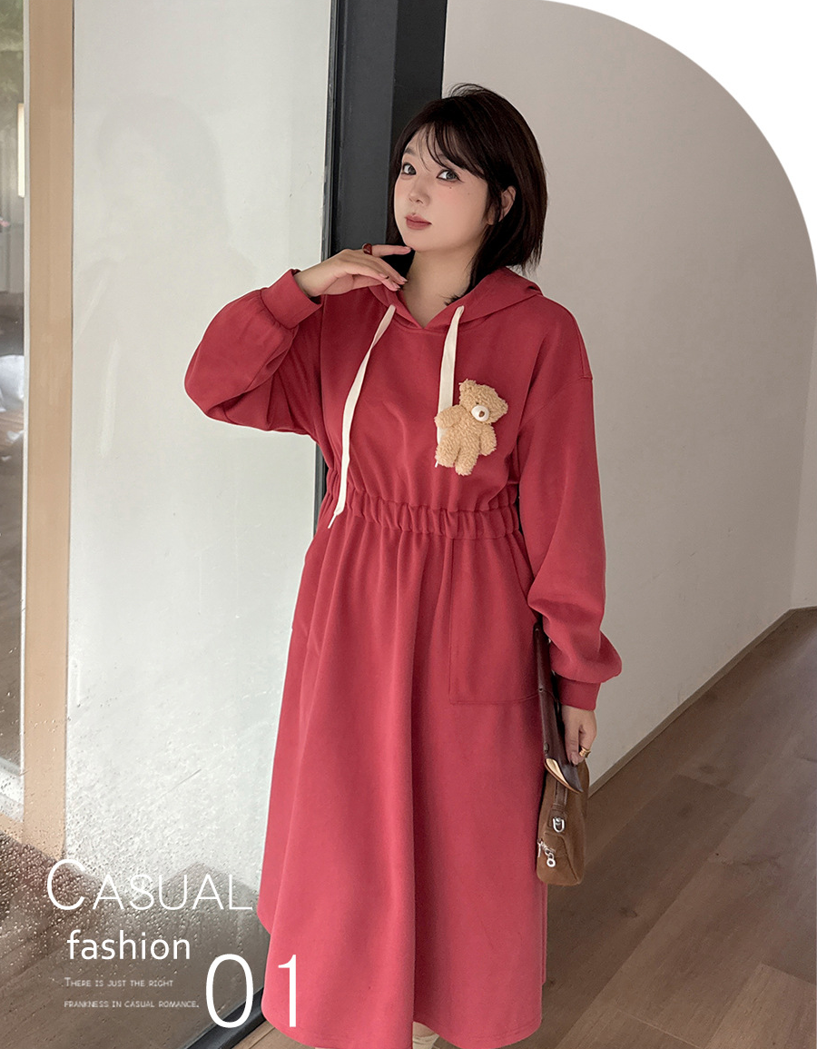 大きいサイズ レディース フード付きベアーマスコット厚手スウェットワンピース LL 3L 4L 5L