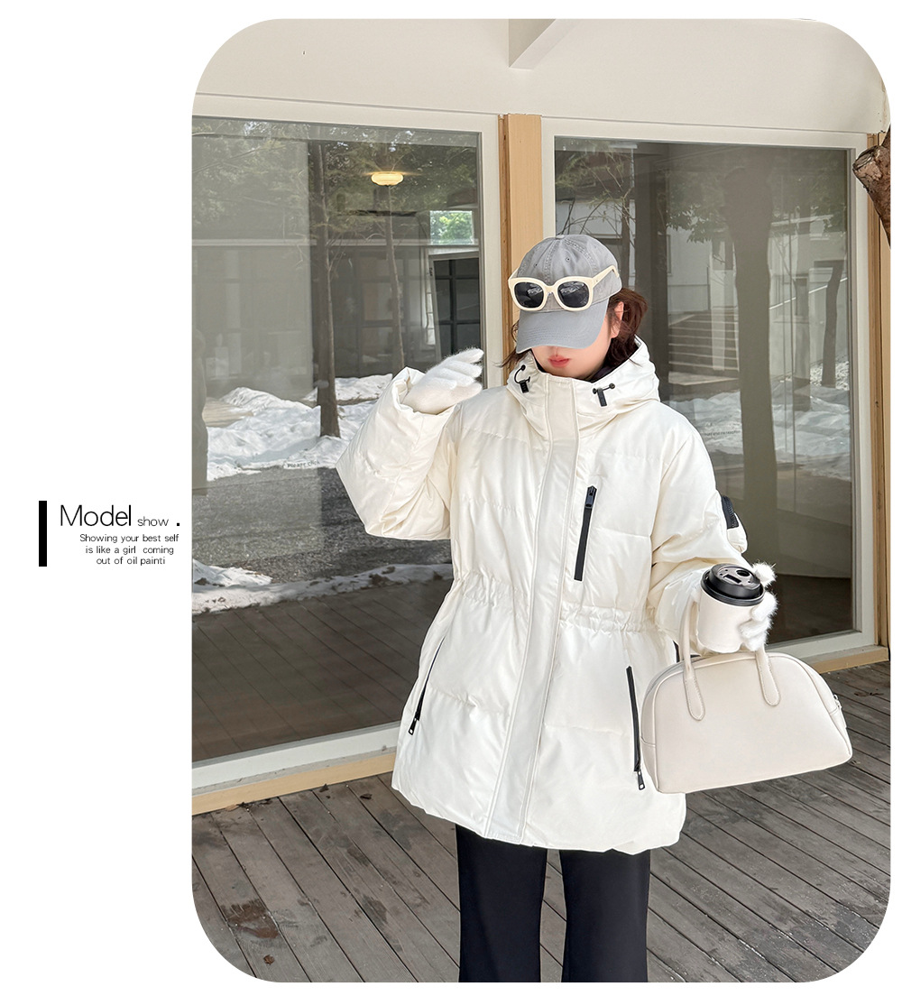 大きいサイズ レディース フード付きロゴ刺繍ワッペンミドル丈ダックダウンジャケット LL 3L