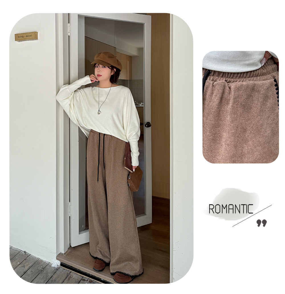 大きいサイズ レディース コントラストステッチウール風ワイドレッグパンツ LL 3L 4L 5L