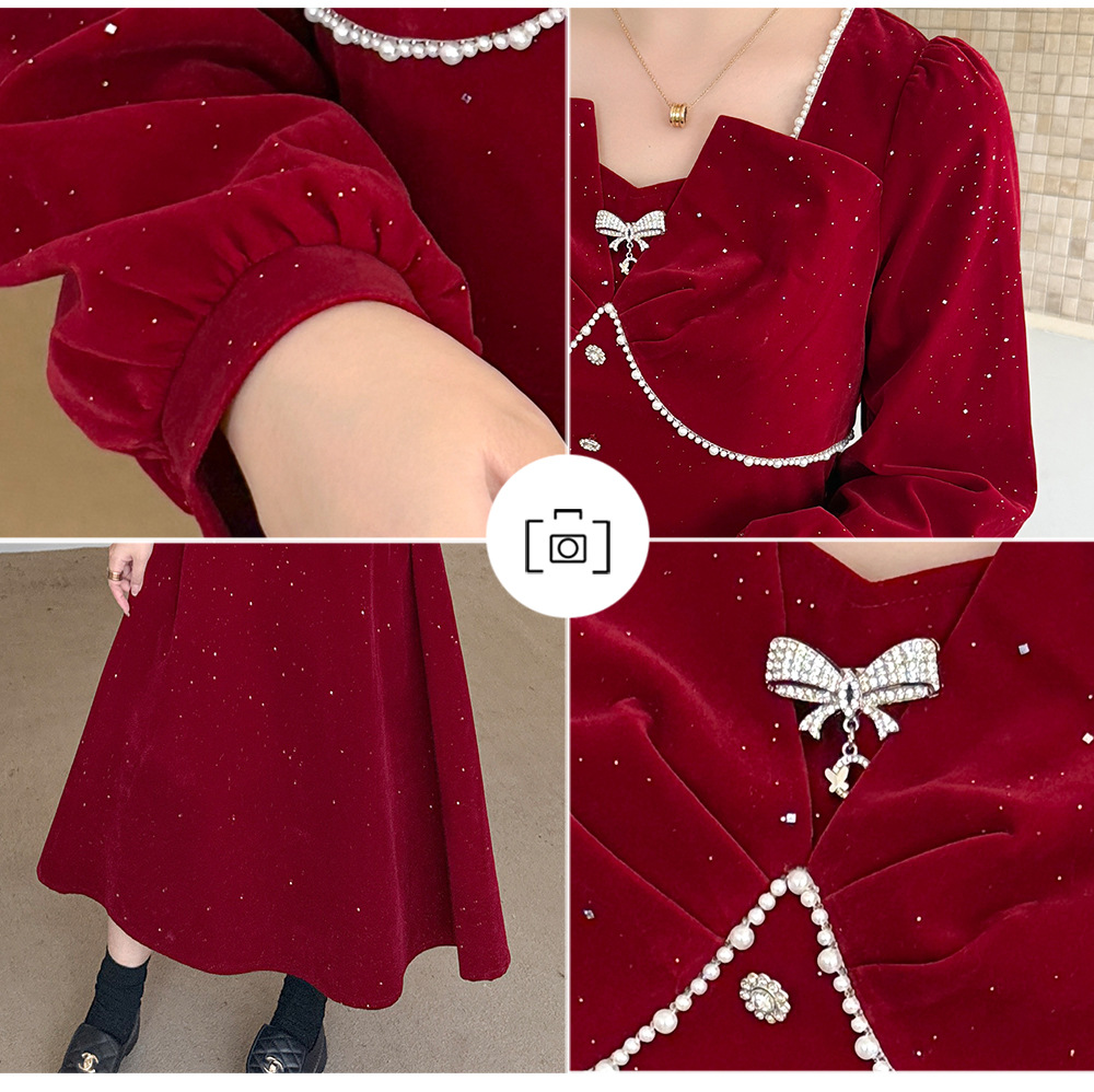 大きいサイズ レディース スクエアネックリボンビーズスパンコールベルベットワンピース LL 3L 4L 5L
