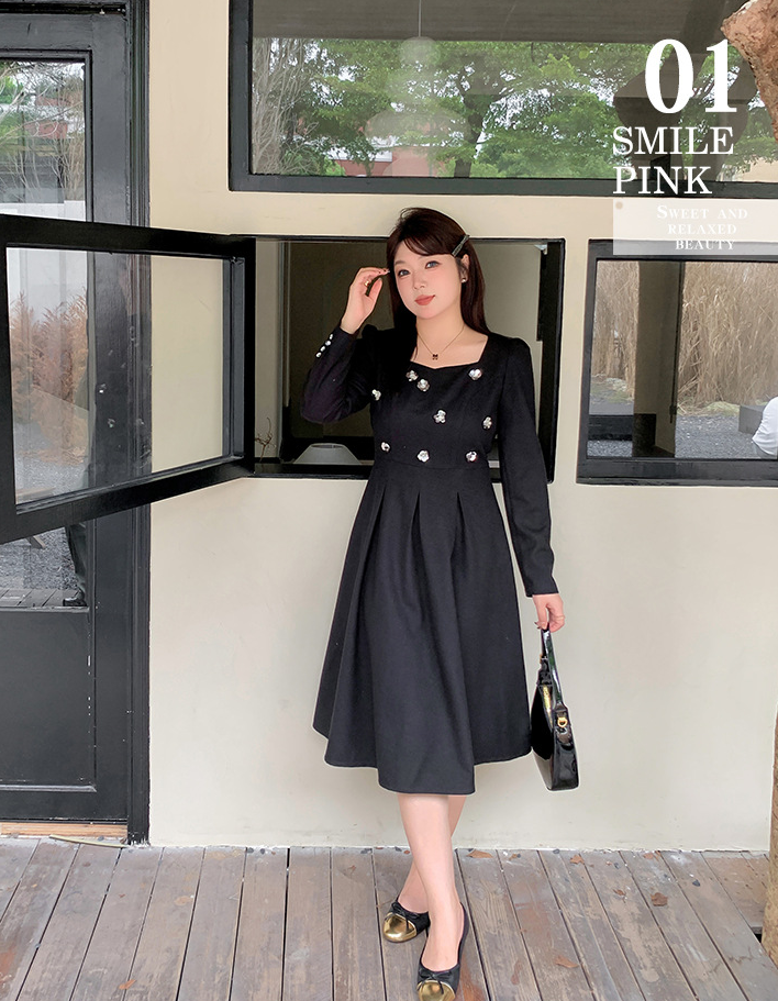 大きいサイズ レディース スパンコールスクエアネックブラックワンピース LL 3L 4L 5L