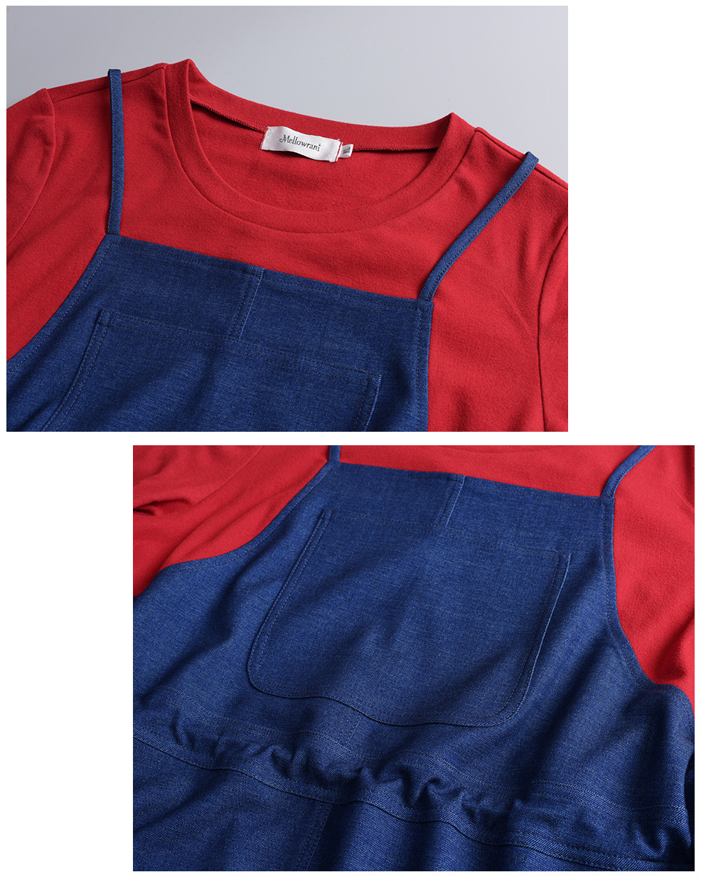 大きいサイズ レディース  フェイクツーピースワンピース（ニットインナー+デニムジャンパースカート） LL 3L 4L 5L