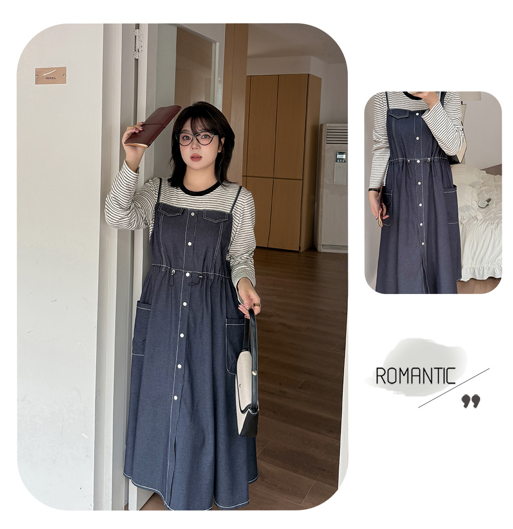 大きいサイズ レディース フェイクツーピースワンピース（ストライプシャツ＋デニムワンピース） LL 3L 4L 5L