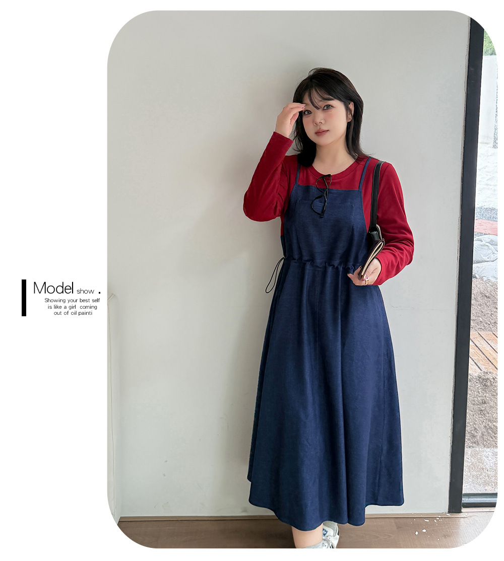 大きいサイズ レディース  フェイクツーピースワンピース（ニットインナー+デニムジャンパースカート） LL 3L 4L 5L