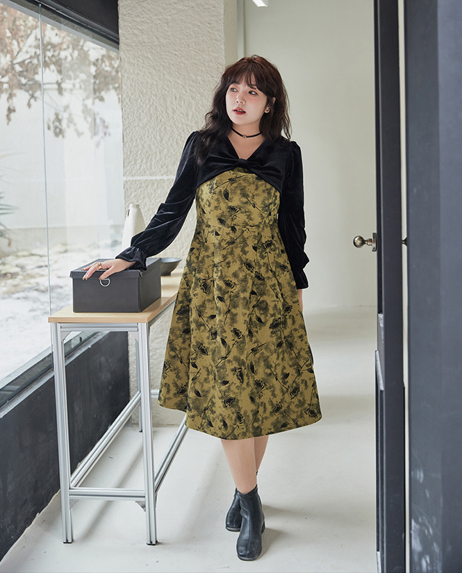 大きいサイズ レディース エレガントベルベットリボンプリントワンピース LL 3L 4L 5L