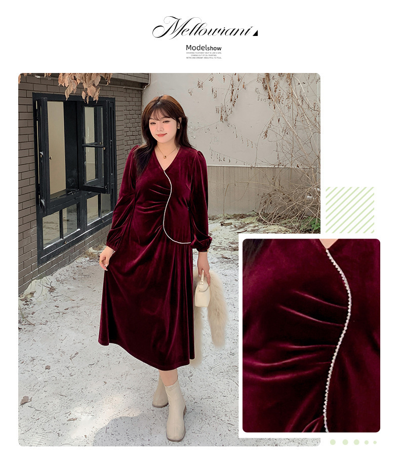 大きいサイズ レディース Vネックラインストーン装飾エレガントベルベットワンピース LL 3L 4L 5L