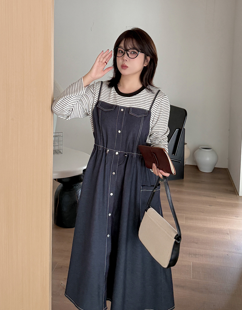 大きいサイズ レディース フェイクツーピースワンピース（ストライプシャツ＋デニムワンピース） LL 3L 4L 5L