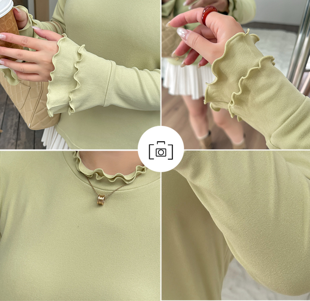 大きいサイズ レディース フリルネックスリムフィット長袖トップス LL 3L 4L 5L