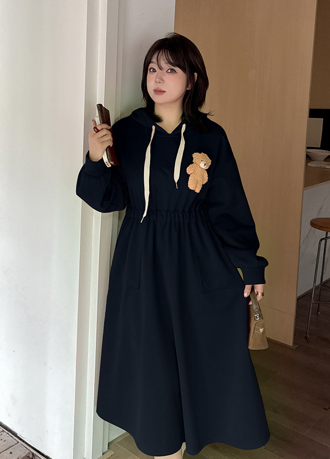 大きいサイズ レディース フード付きベアーマスコット厚手スウェットワンピース LL 3L 4L 5L