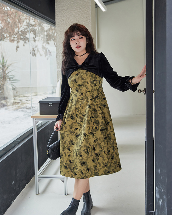 大きいサイズ レディース エレガントベルベットリボンプリントワンピース LL 3L 4L 5L