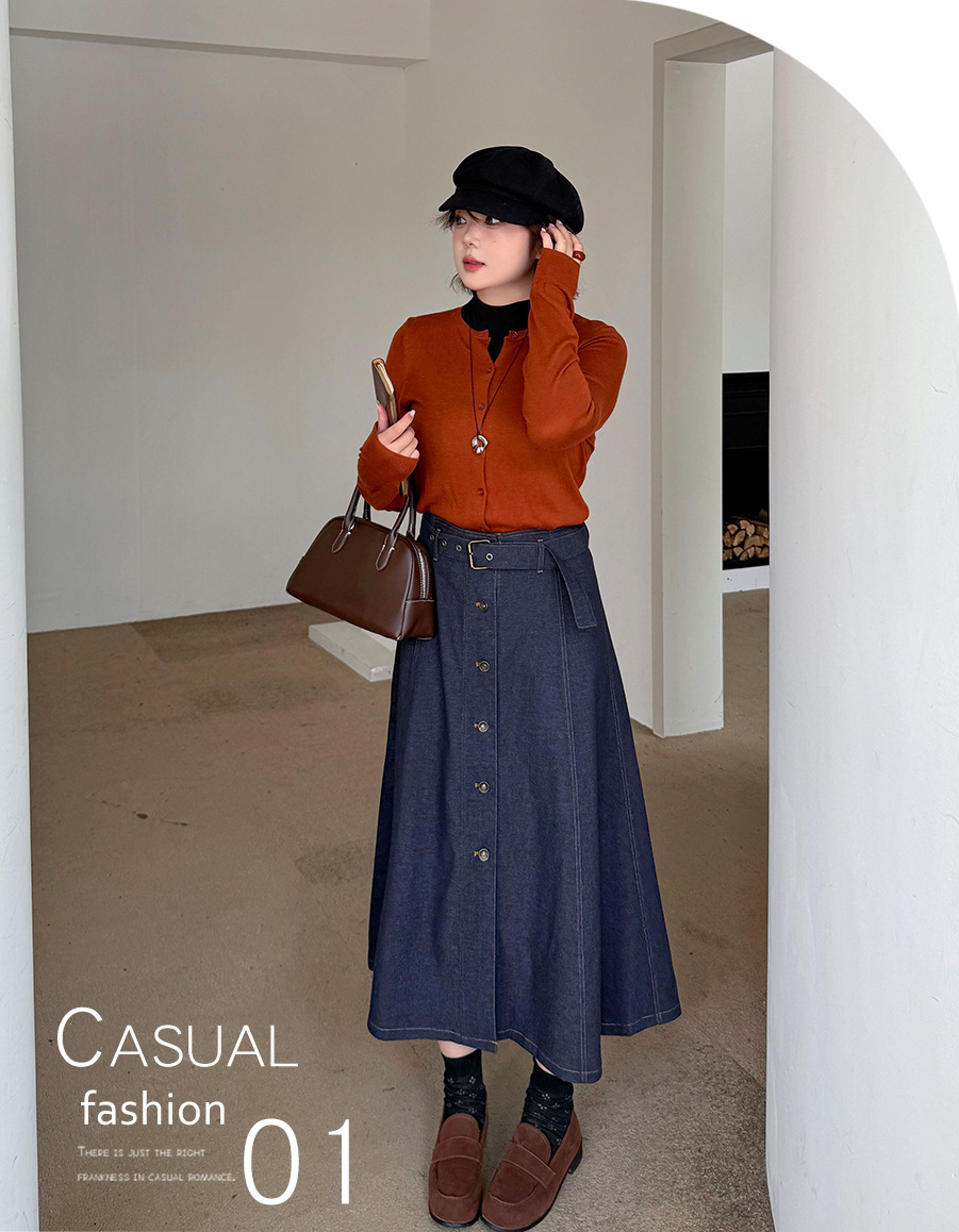 大きいサイズ レディース 起毛フェイクデニムベルト付ボタンダウンロングスカート LL 3L 4L 5L