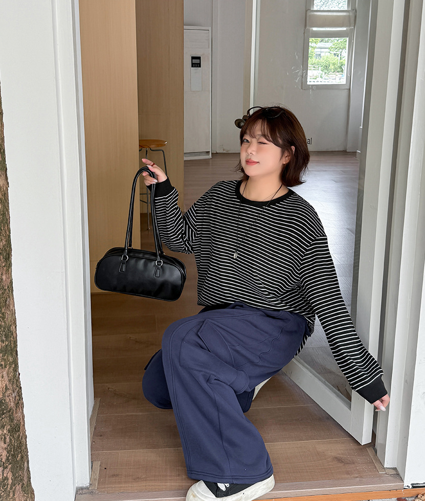 大きいサイズ レディース ラウンドネックカジュアルボーダーフリースシャツ LL 3L 4L 5L