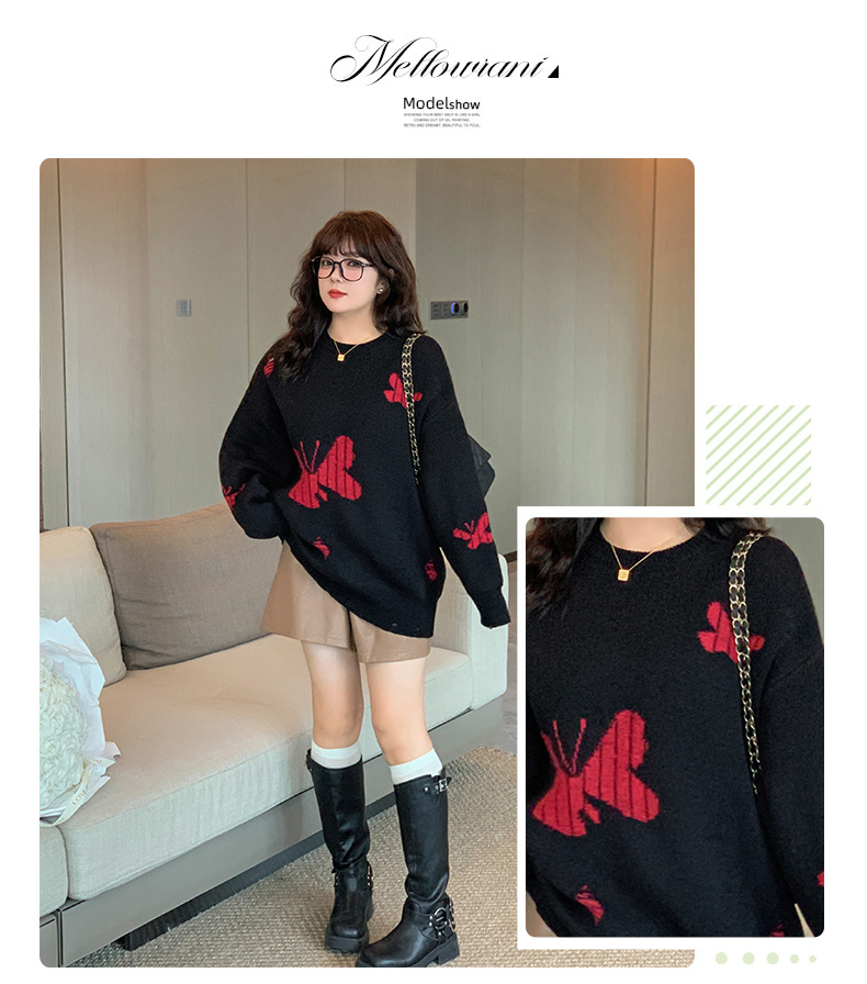 大きいサイズ レディース バタフライ柄コントラストカラーセーター LL 3L 4L