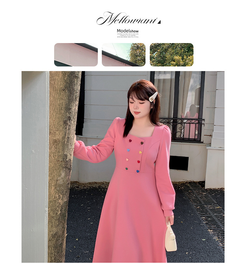 大きいサイズ レディース キャンディーカラーハートボタン付きスクエアネックフレンチワンピース LL 3L 4L 5L