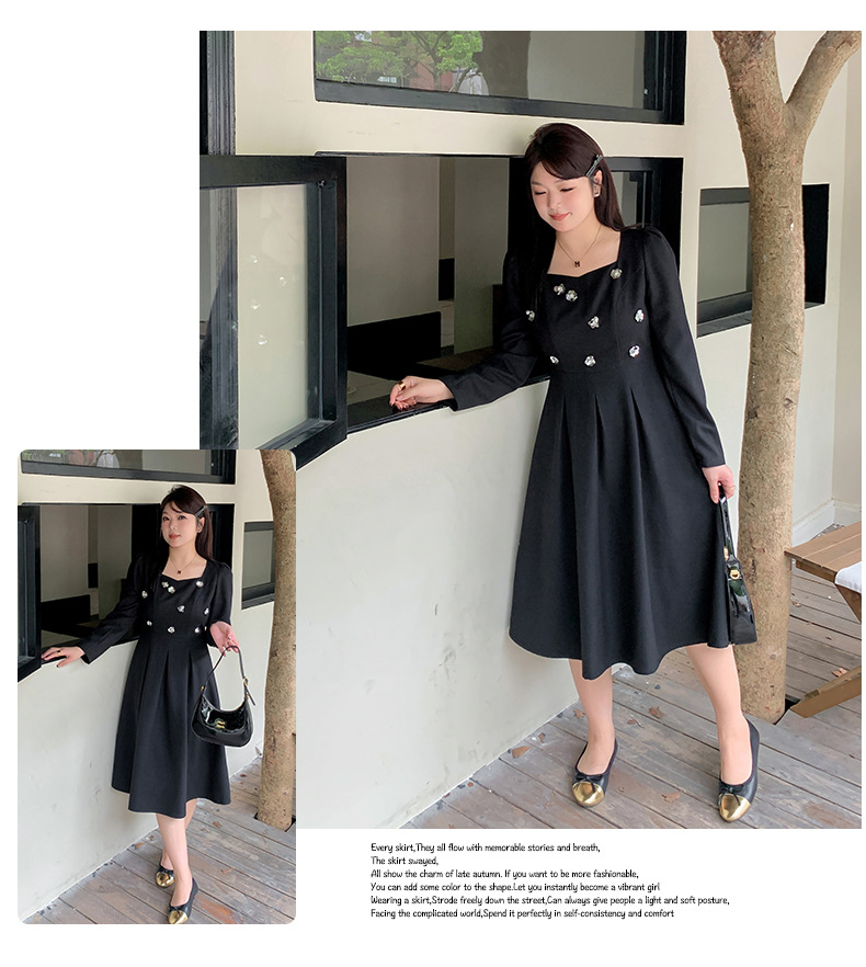 大きいサイズ レディース スパンコールスクエアネックブラックワンピース LL 3L 4L 5L