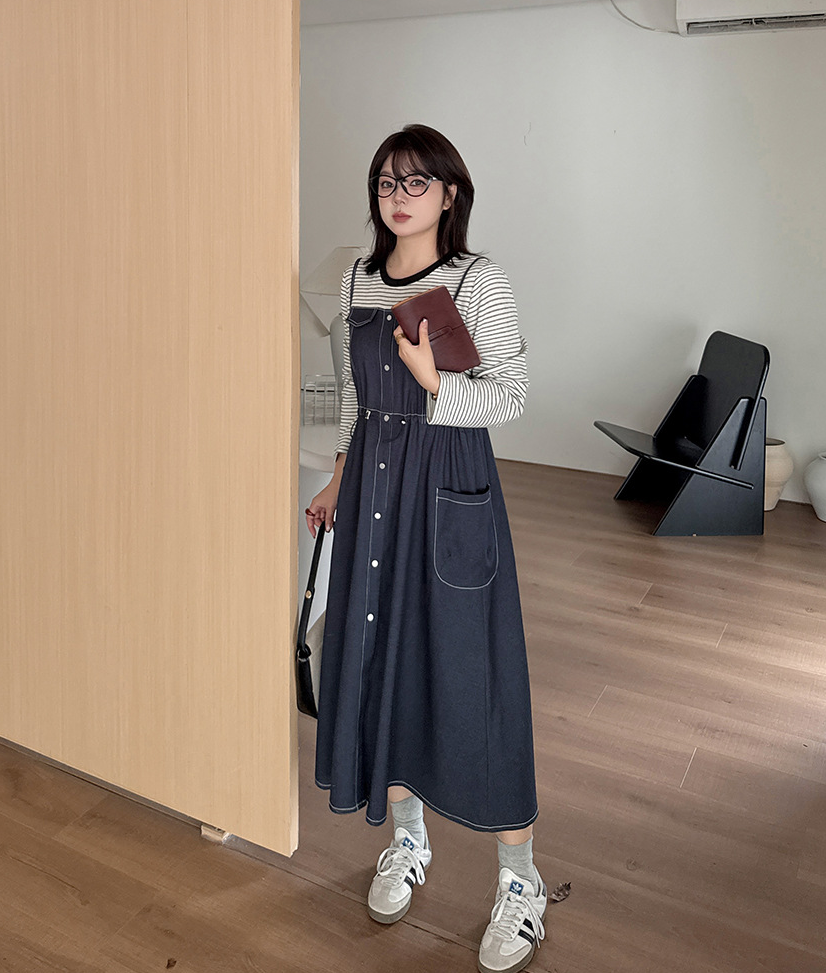 大きいサイズ レディース フェイクツーピースワンピース（ストライプシャツ＋デニムワンピース） LL 3L 4L 5L