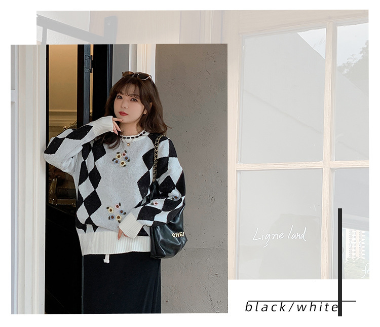 大きいサイズ レディース ラウンドネックレトロ小花ダイヤ柄プルオーバーセーター LL 3L 4L