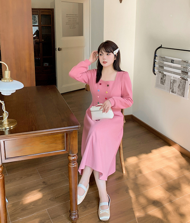 大きいサイズ レディース キャンディーカラーハートボタン付きスクエアネックフレンチワンピース LL 3L 4L 5L