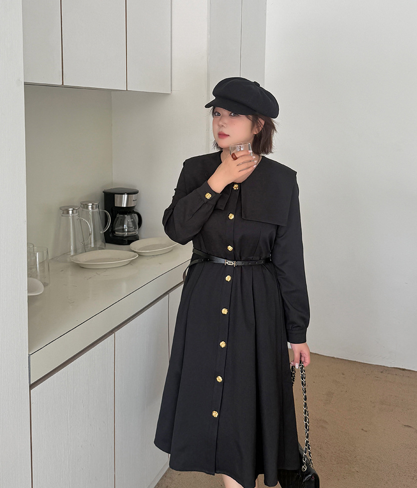 大きいサイズ レディース ビックラペルボタンダウンブラックワンピース（ベルト別売） LL 3L 4L 5L