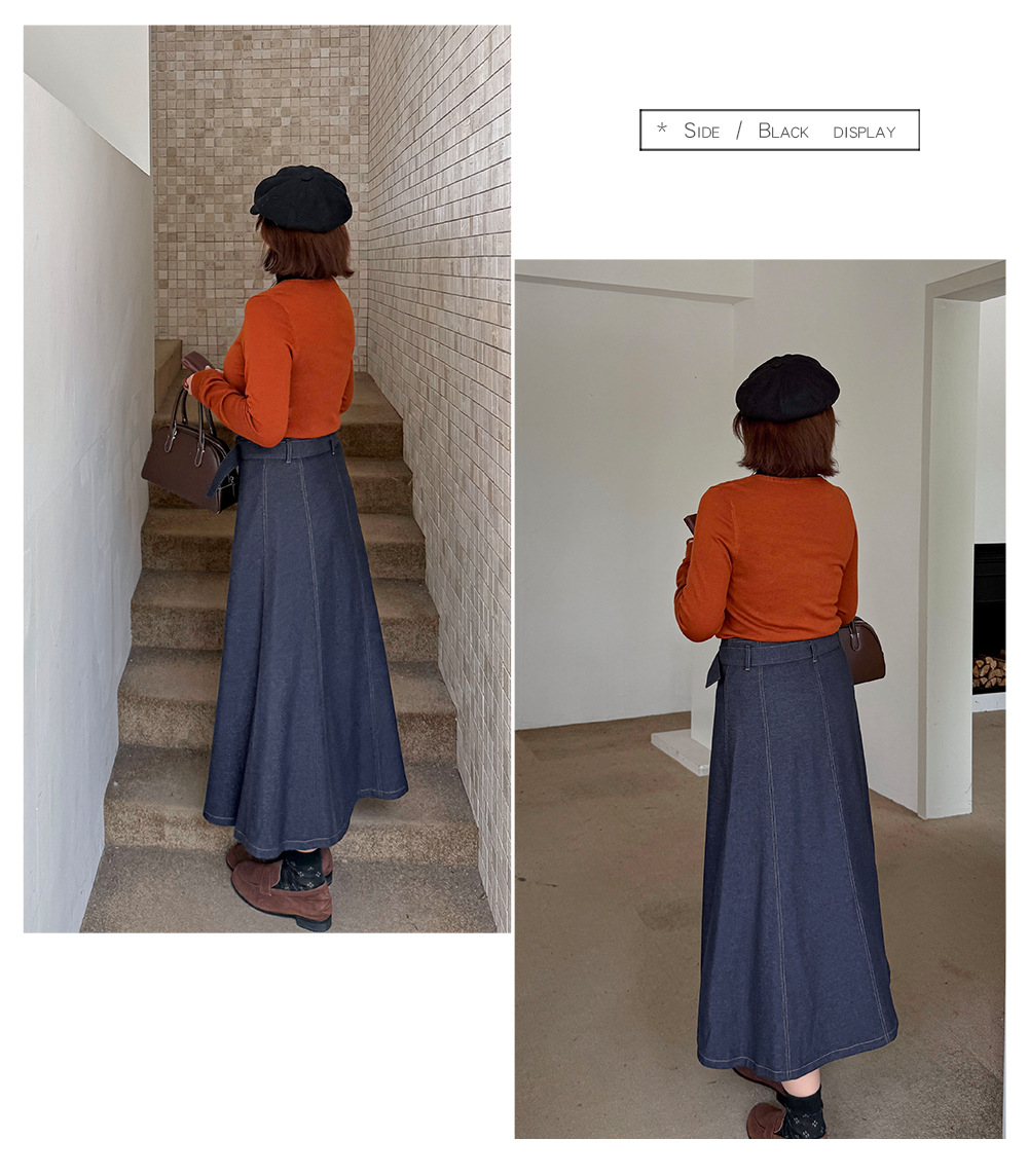 大きいサイズ レディース 起毛フェイクデニムベルト付ボタンダウンロングスカート LL 3L 4L 5L