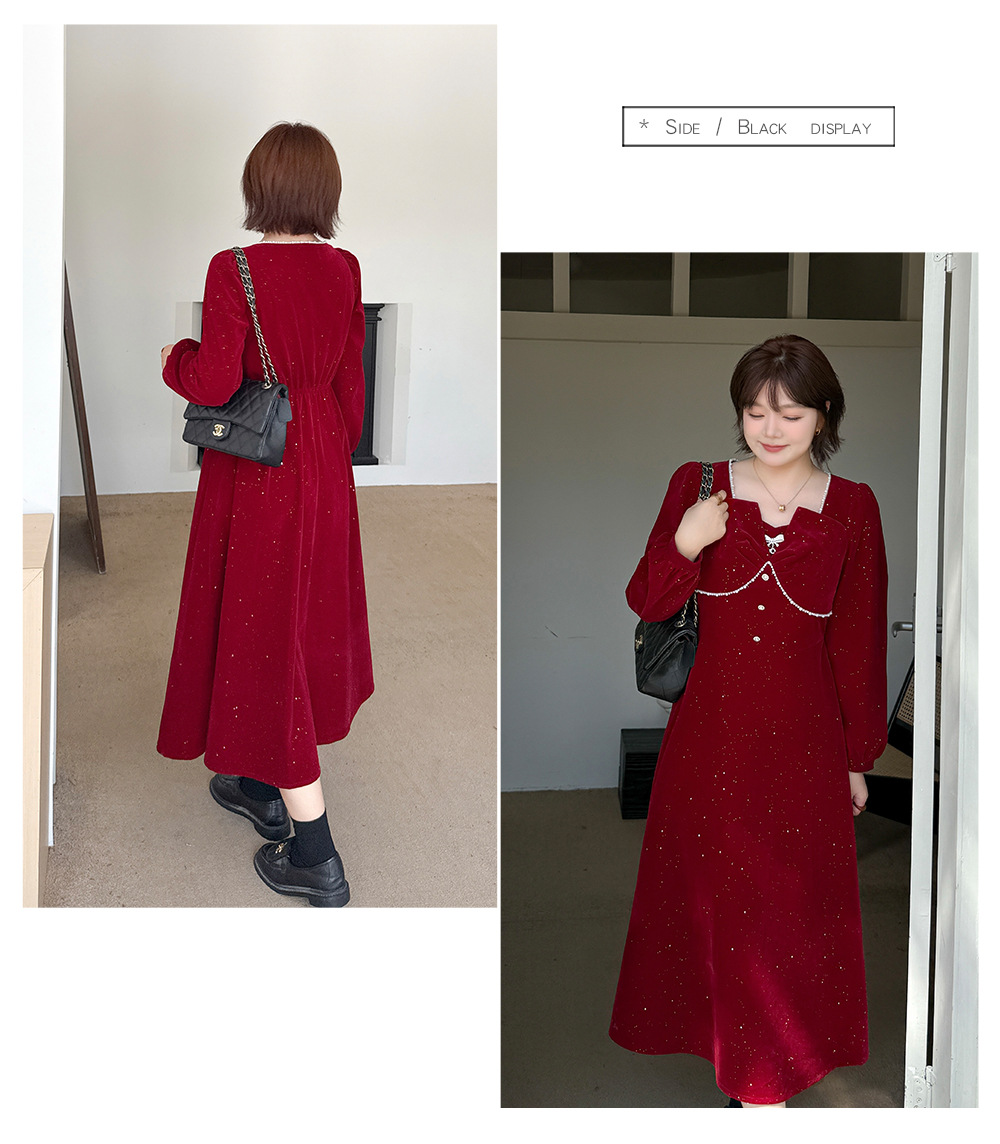 大きいサイズ レディース スクエアネックリボンビーズスパンコールベルベットワンピース LL 3L 4L 5L