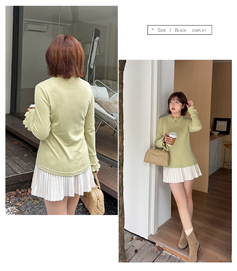 大きいサイズ レディース フリルネックスリムフィット長袖トップス LL 3L 4L 5L