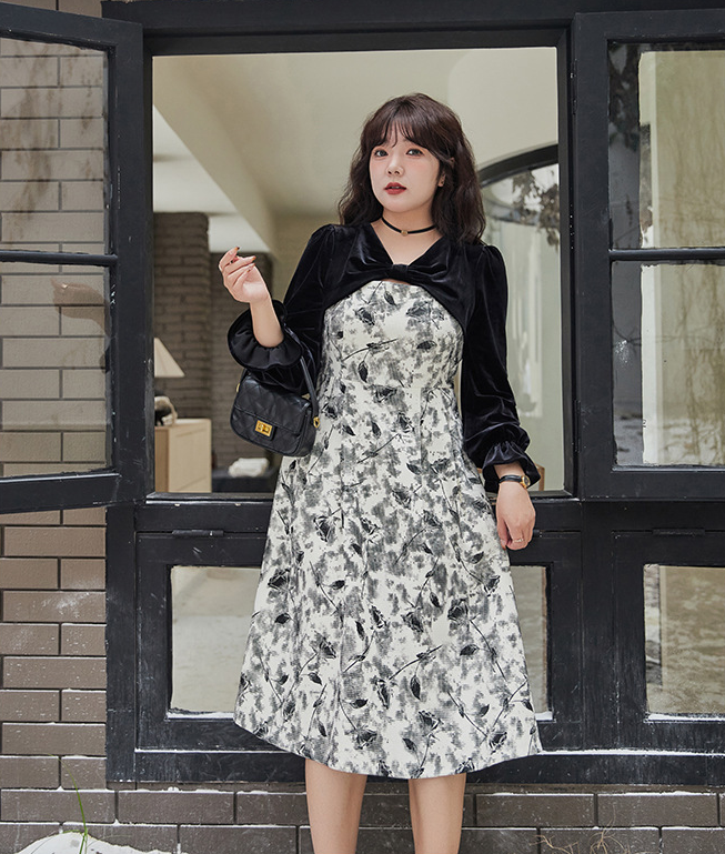 大きいサイズ レディース エレガントベルベットリボンプリントワンピース LL 3L 4L 5L