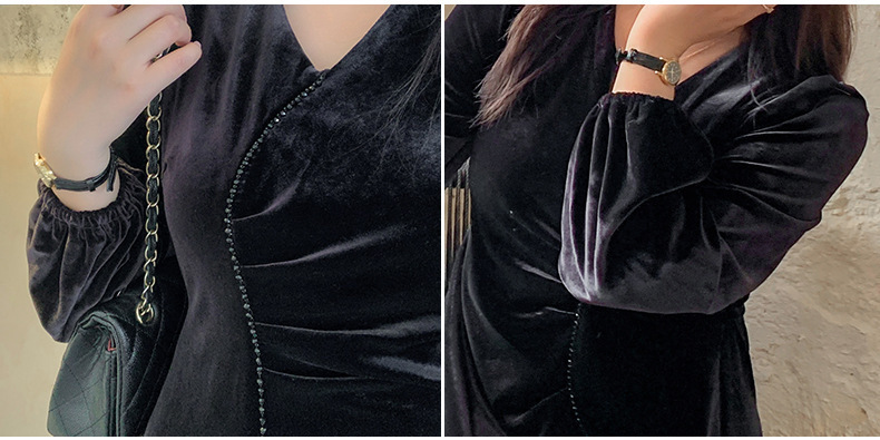 大きいサイズ レディース Vネックラインストーン装飾エレガントベルベットワンピース LL 3L 4L 5L