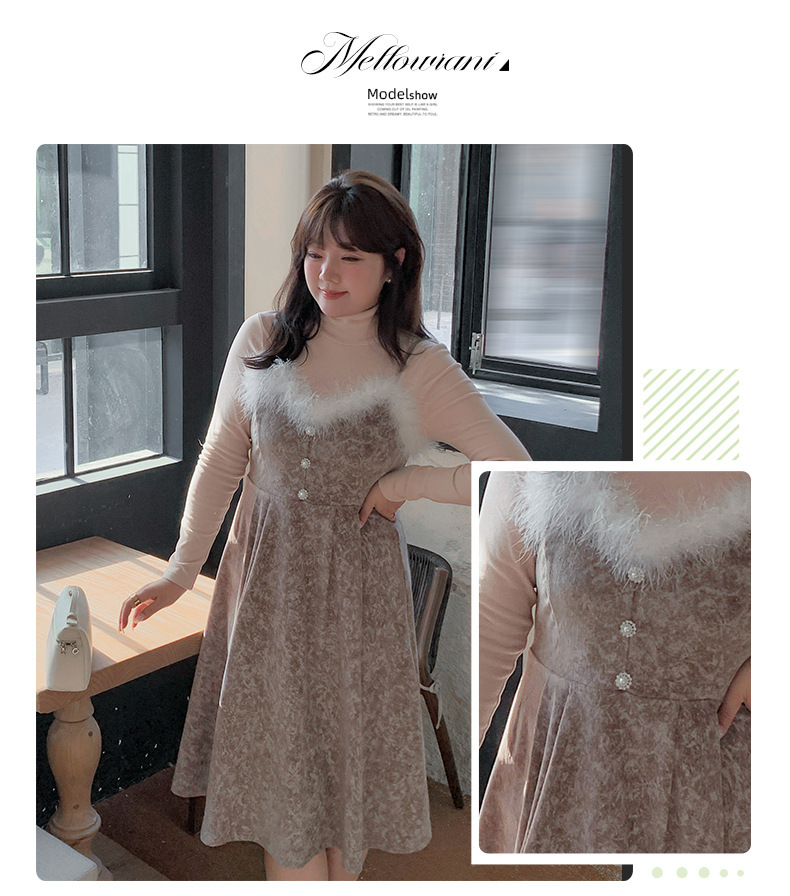 大きいサイズ レディース  ファーベルベットスリップワンピースヴィンテージプリント LL 3L 4L 5L