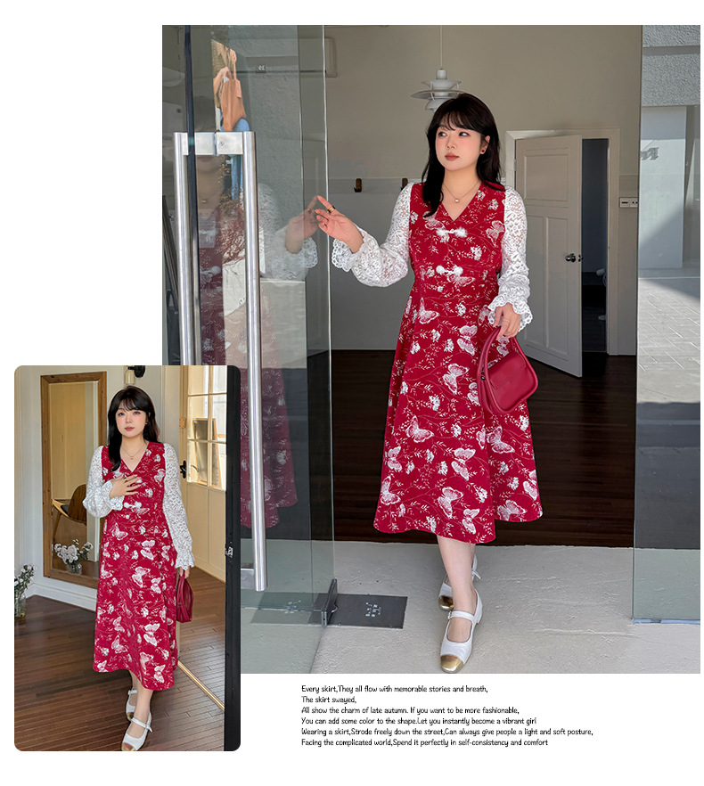 大きいサイズ レディース フェイクツーピースバタフライ刺繍レースワンピース LL 3L 4L 5L