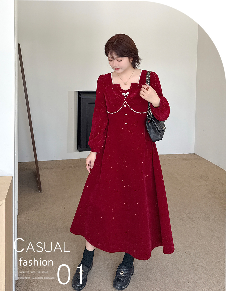 大きいサイズ レディース スクエアネックリボンビーズスパンコールベルベットワンピース LL 3L 4L 5L