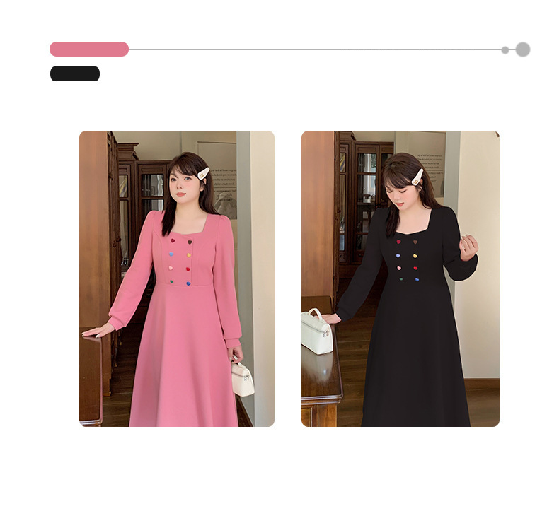 大きいサイズ レディース キャンディーカラーハートボタン付きスクエアネックフレンチワンピース LL 3L 4L 5L