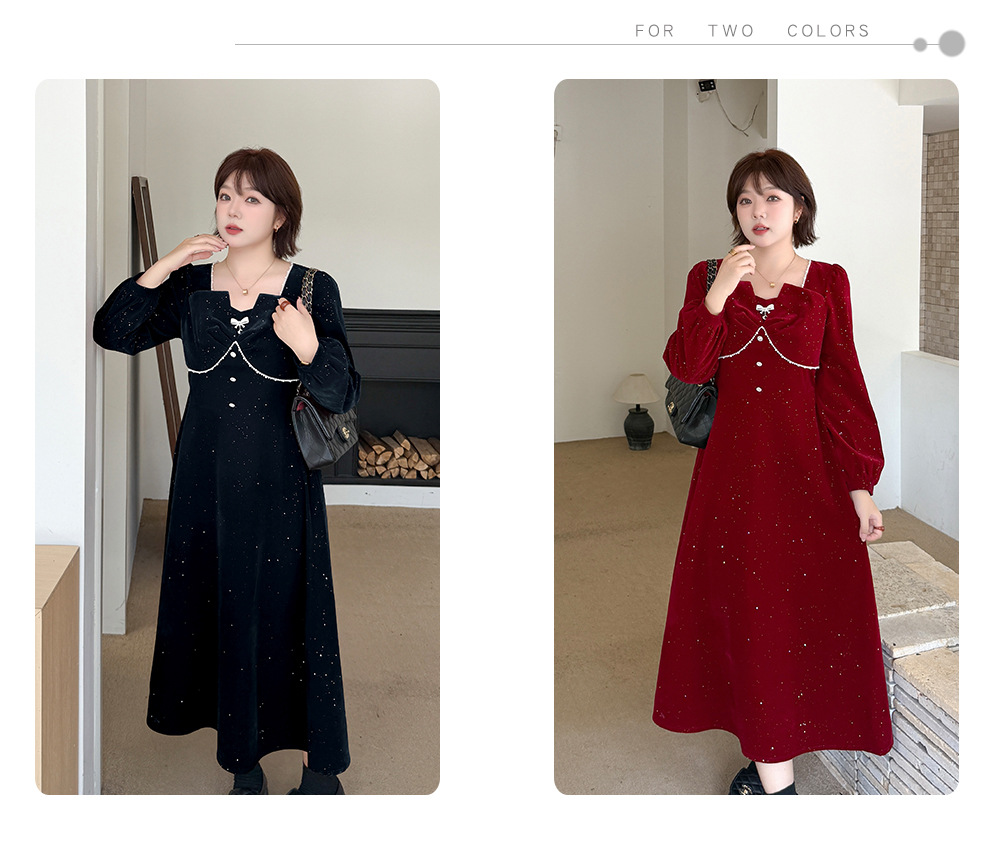 大きいサイズ レディース スクエアネックリボンビーズスパンコールベルベットワンピース LL 3L 4L 5L