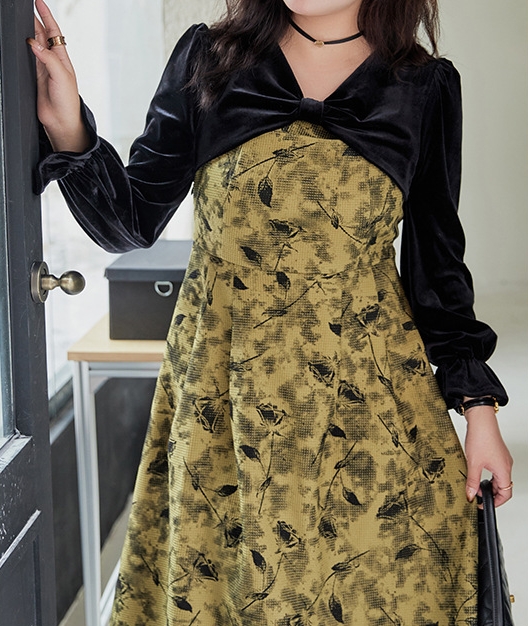 大きいサイズ レディース エレガントベルベットリボンプリントワンピース LL 3L 4L 5L