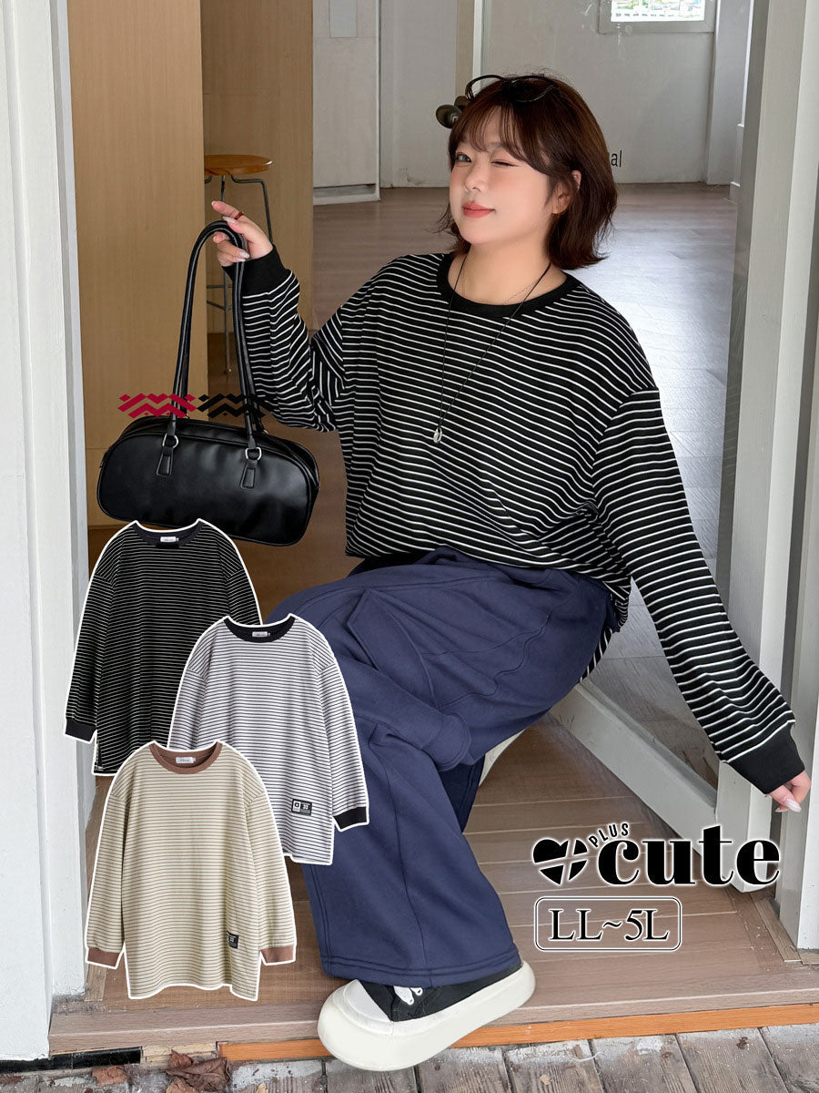 大きいサイズ レディース ラウンドネックカジュアルボーダーフリースシャツ LL 3L 4L 5L