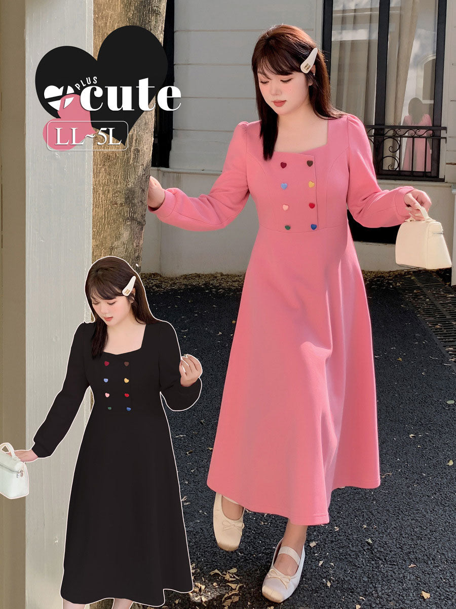 大きいサイズ レディース キャンディーカラーハートボタン付きスクエアネックフレンチワンピース LL 3L 4L 5L