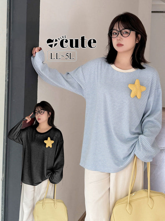 大きいサイズ レディース 星飾り付きラウンドネックニット長袖ストライプTシャツ LL 3L 4L 5L