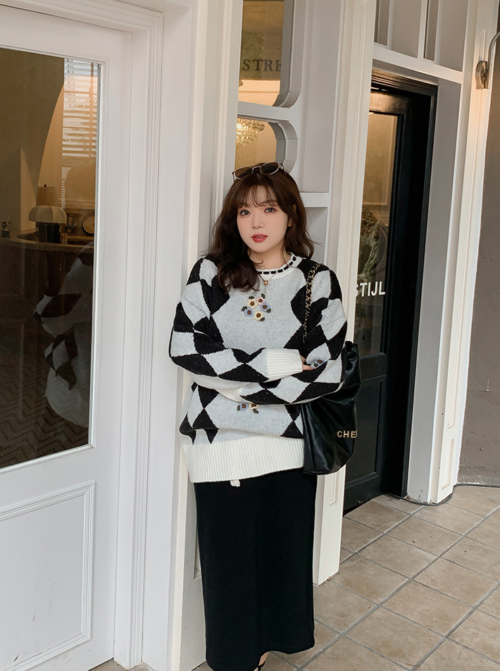 大きいサイズ レディース ラウンドネックレトロ小花ダイヤ柄プルオーバーセーター LL 3L 4L