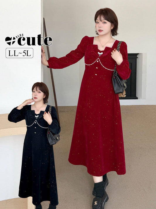 大きいサイズ レディース スクエアネックリボンビーズスパンコールベルベットワンピース LL 3L 4L 5L