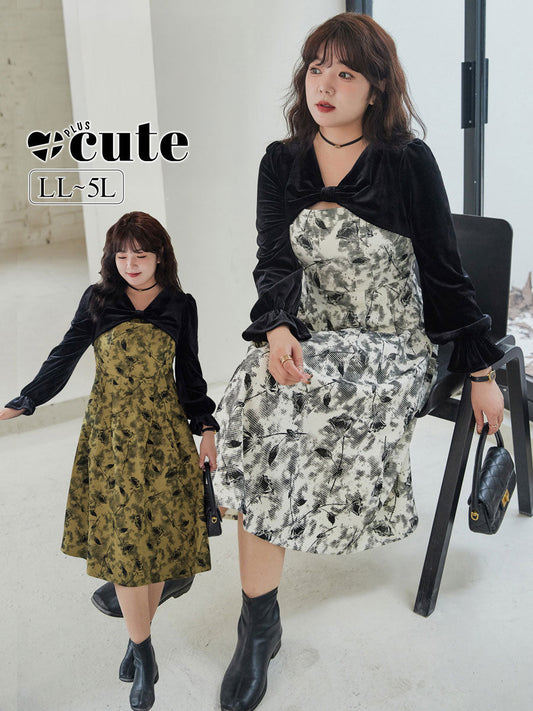 大きいサイズ レディース エレガントベルベットリボンプリントワンピース LL 3L 4L 5L