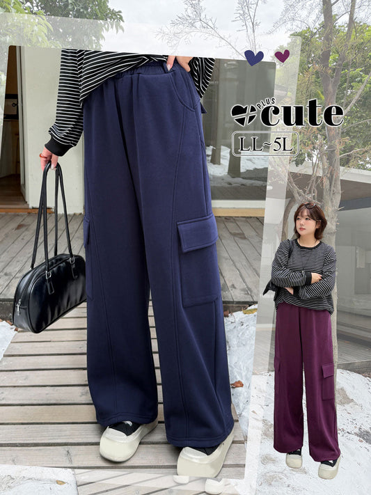 大きいサイズ レディース ニットフリース裏地ワイドレッグカーゴパンツ LL 3L 4L 5L