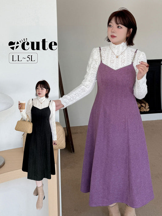 大きいサイズ レディース ツーピースセット（レーストップス+スリップワンピース） LL 3L 4L 5L