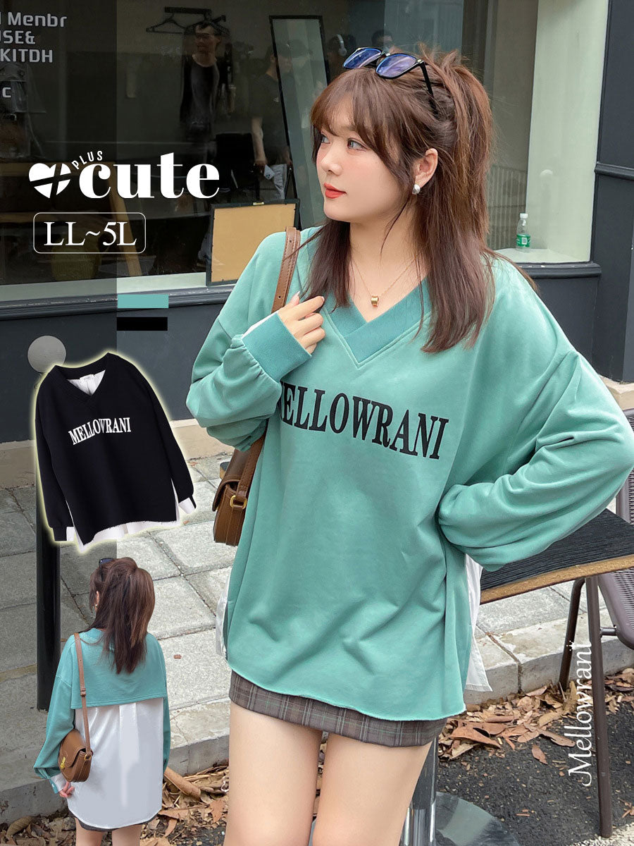 大きいサイズ レディース Vネックフェイクツーピースプルオーバースウェットシャツ LL 3L 4L 5L