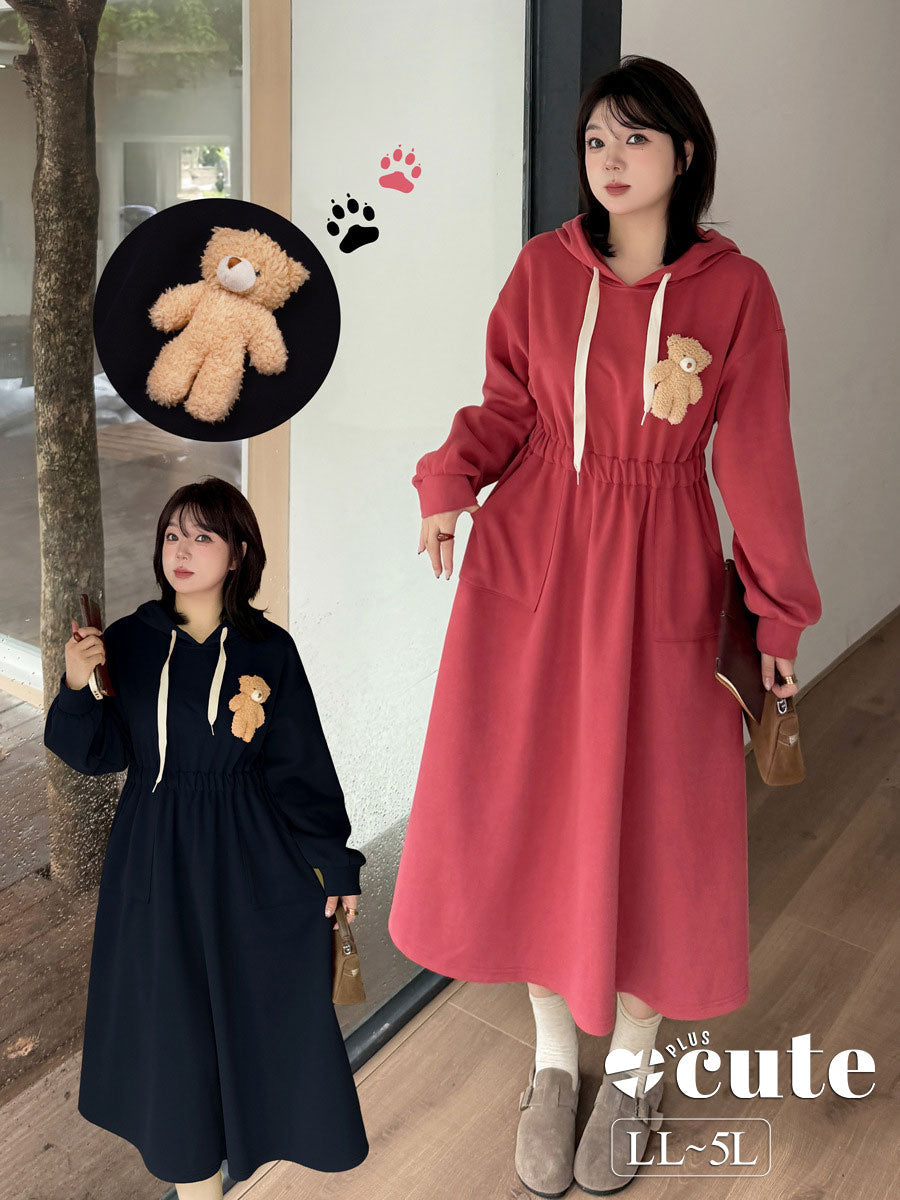 大きいサイズ レディース フード付きベアーマスコット厚手スウェットワンピース LL 3L 4L 5L
