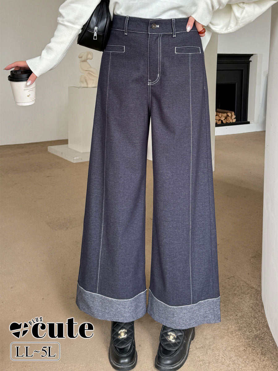 大きいサイズ レディース フェイクデニム折り返しワイドレッグパンツ LL 3L 4L 5L