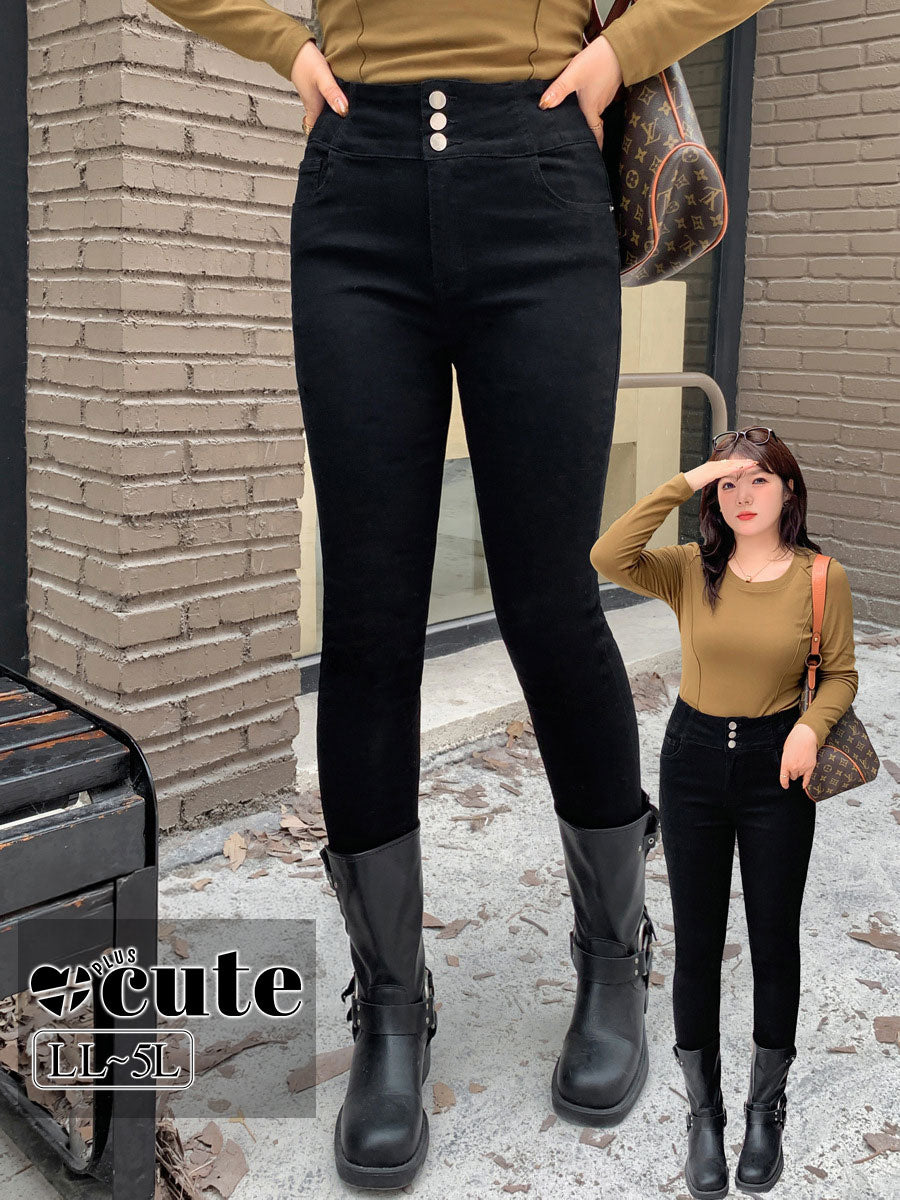 大きいサイズ レディース ハイウエストタイトブラック厚手デニムパンツ LL 3L 4L 5L