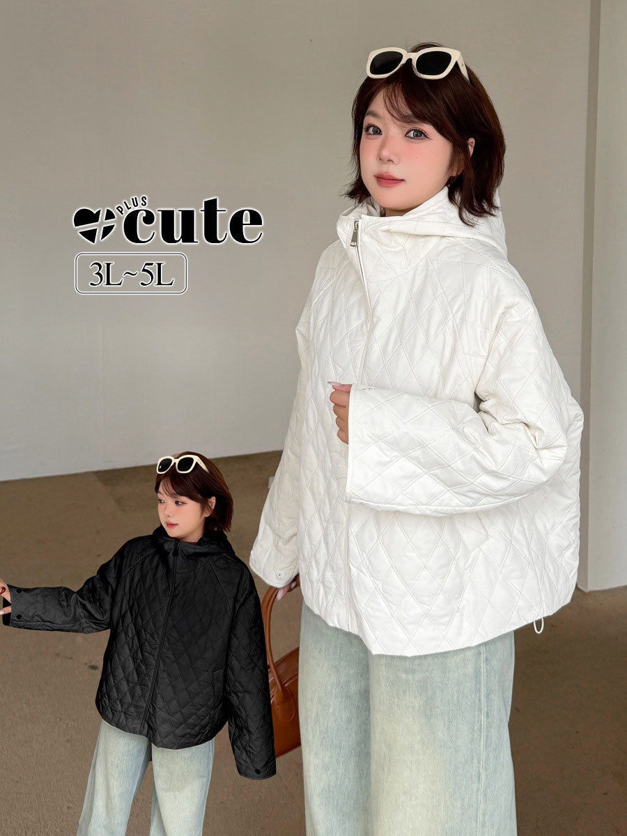 大きいサイズ レディース 軽量フード付きラメクロスステッチキルティングジャケット 3L 4L 5L