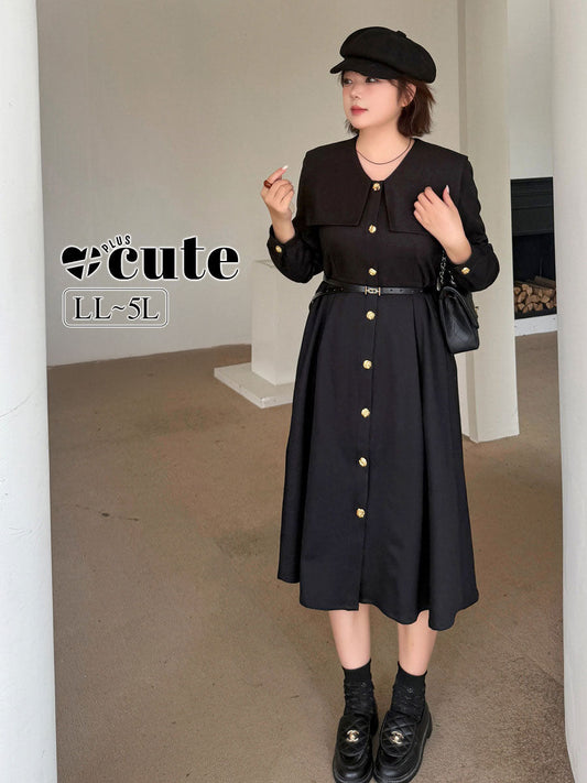 大きいサイズ レディース ビックラペルボタンダウンブラックワンピース（ベルト別売） LL 3L 4L 5L