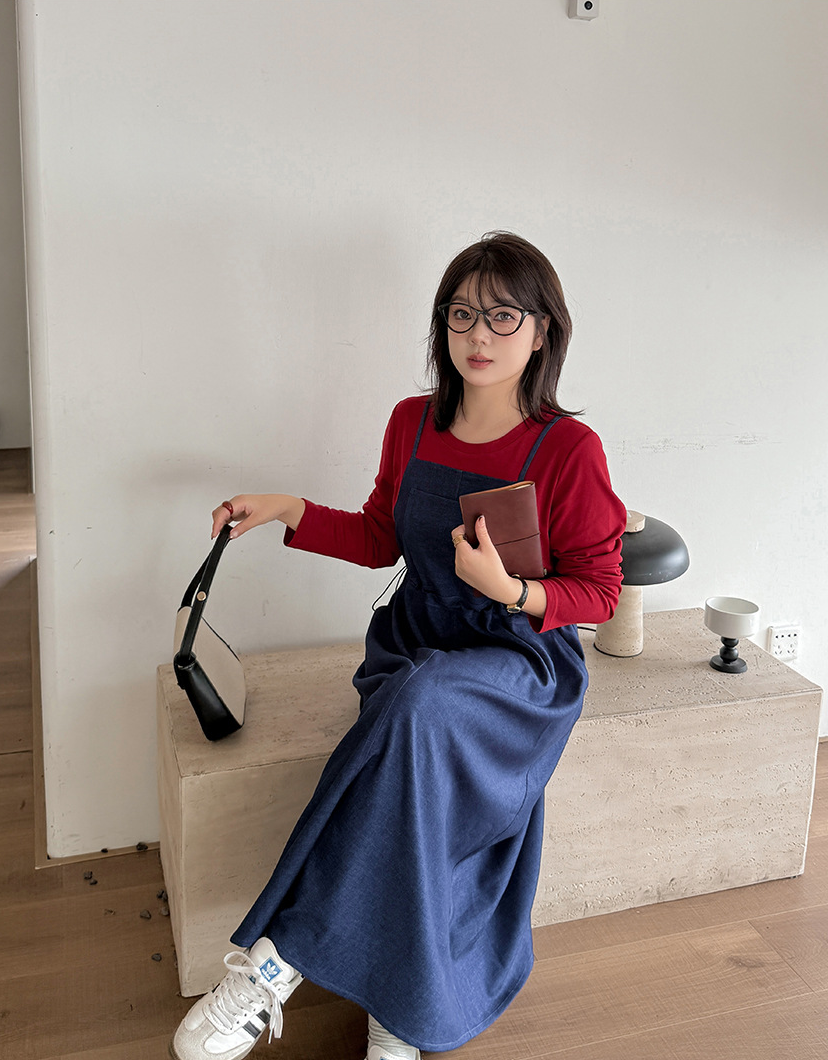 大きいサイズ レディース  フェイクツーピースワンピース（ニットインナー+デニムジャンパースカート） LL 3L 4L 5L